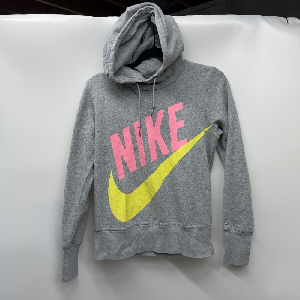 Nike Sportswear Gray Hoodie Pink Yellow Swoosh Logo Womens Medium Athletic‎ Cozy